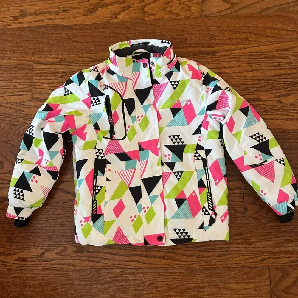 Girl's Waterproof Ski Jacket Size Small Colorful Geometric Size 8 High Neck Snow